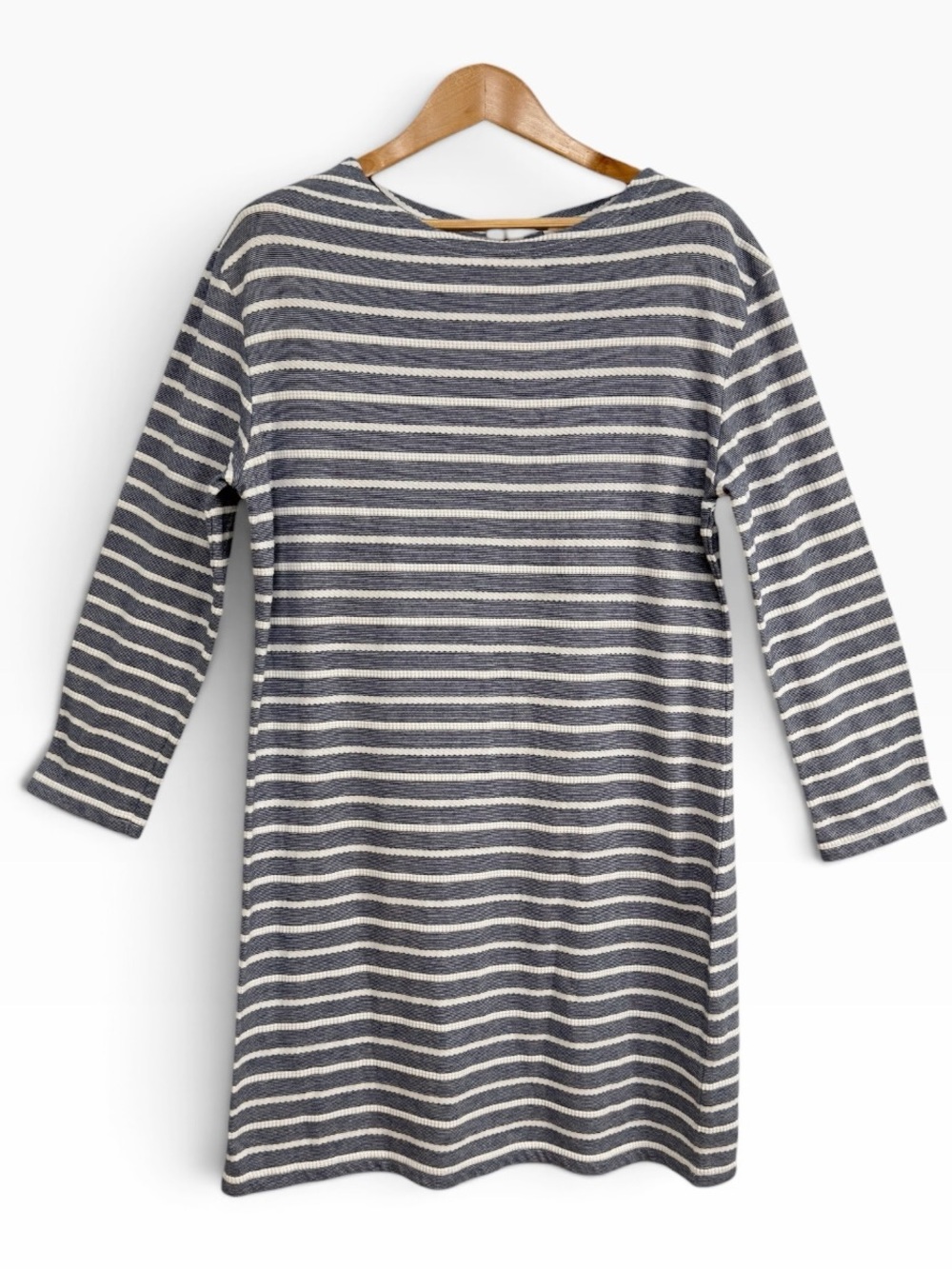 Sail to Sable Navy White Striped Shift Dress Textured Knit 3/4 Sleeve Large L